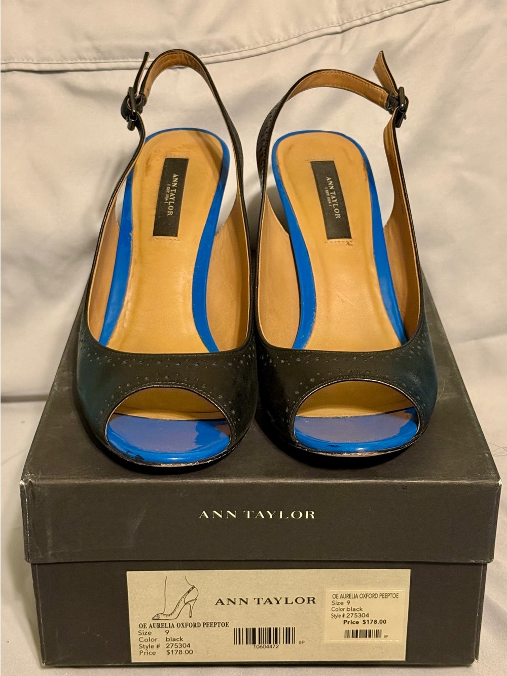 Ann Taylor Black Peep-Toe Slingback Heels with pop of Electric Blue SZ 9